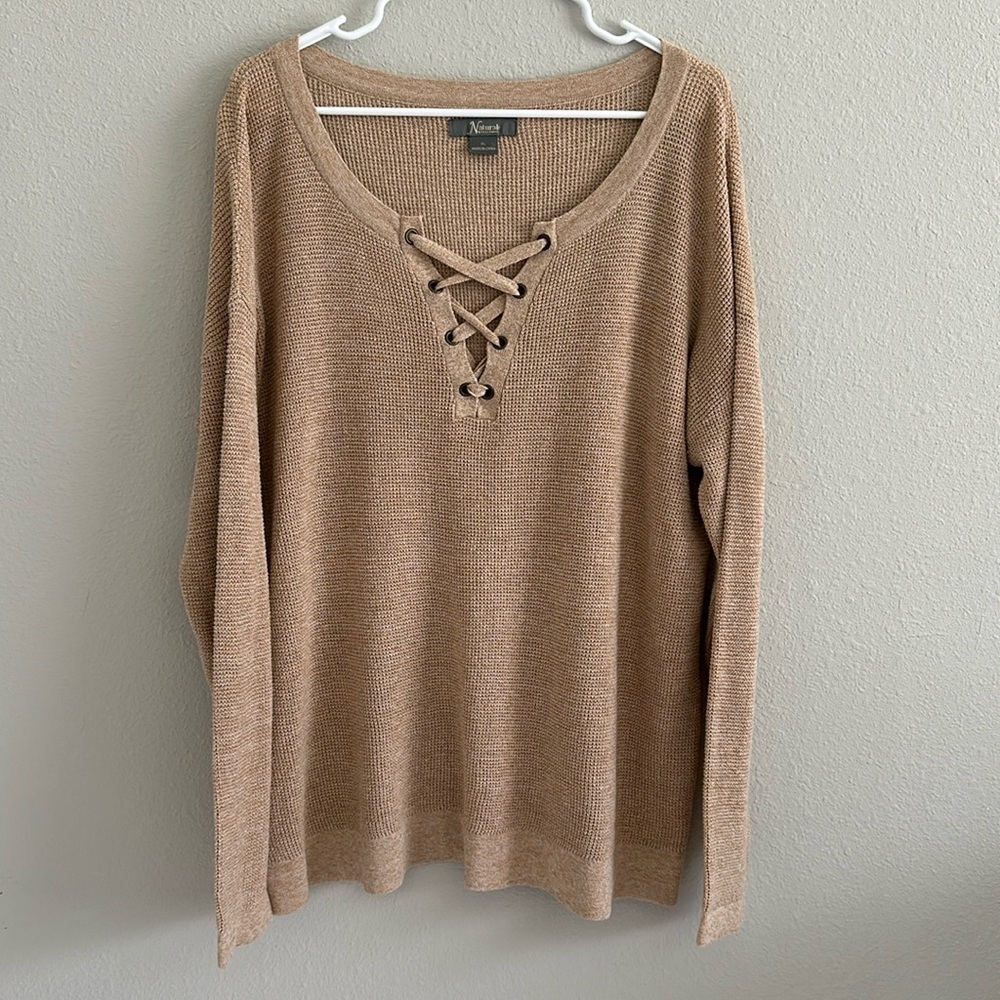 Natural Reflections Lace-Up Sweater in Light Tan